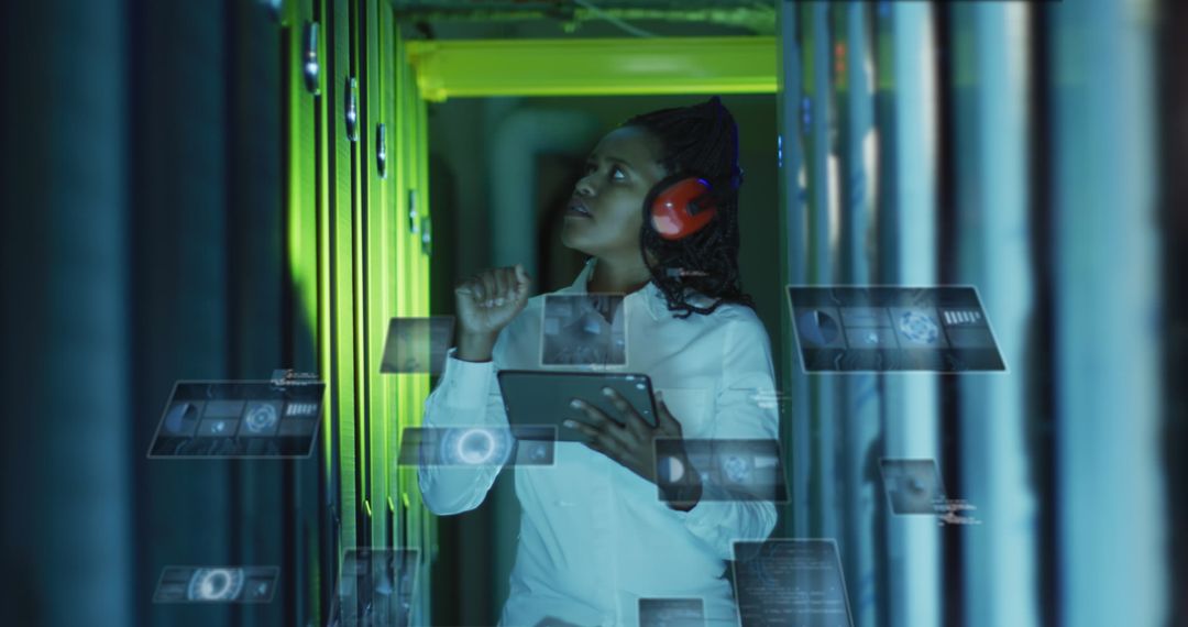 Female IT Professional Analyzing Data in Server Room with Tablets