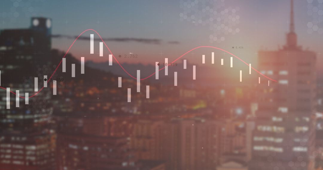 Financial Data Overlay on Dusk Urban Skyline