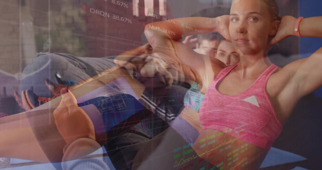Woman Exercising in Gym Overlaid with Stock Chart Symbolizes Balance