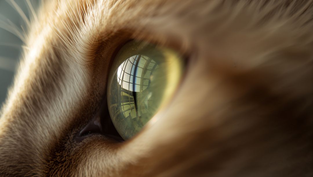 Macro Cat Eye Reflecting Window Grid and Room Interior, Close-Up Fur Detail and Catchlight