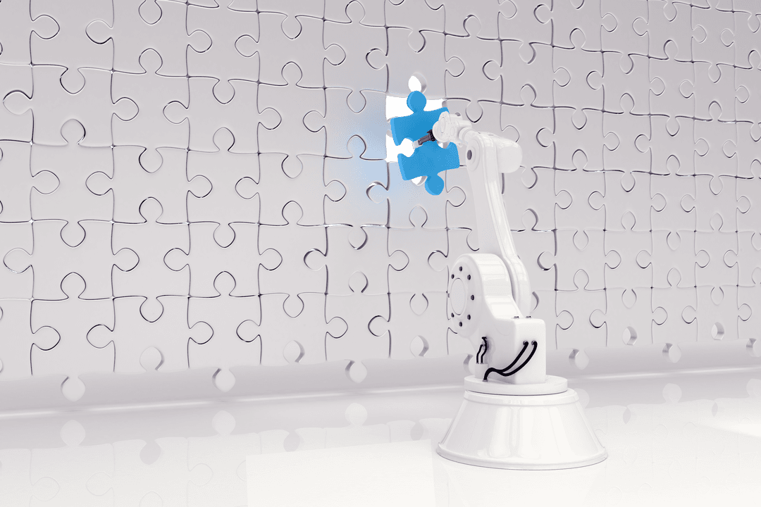 Robotic arm solving puzzle with transparent background