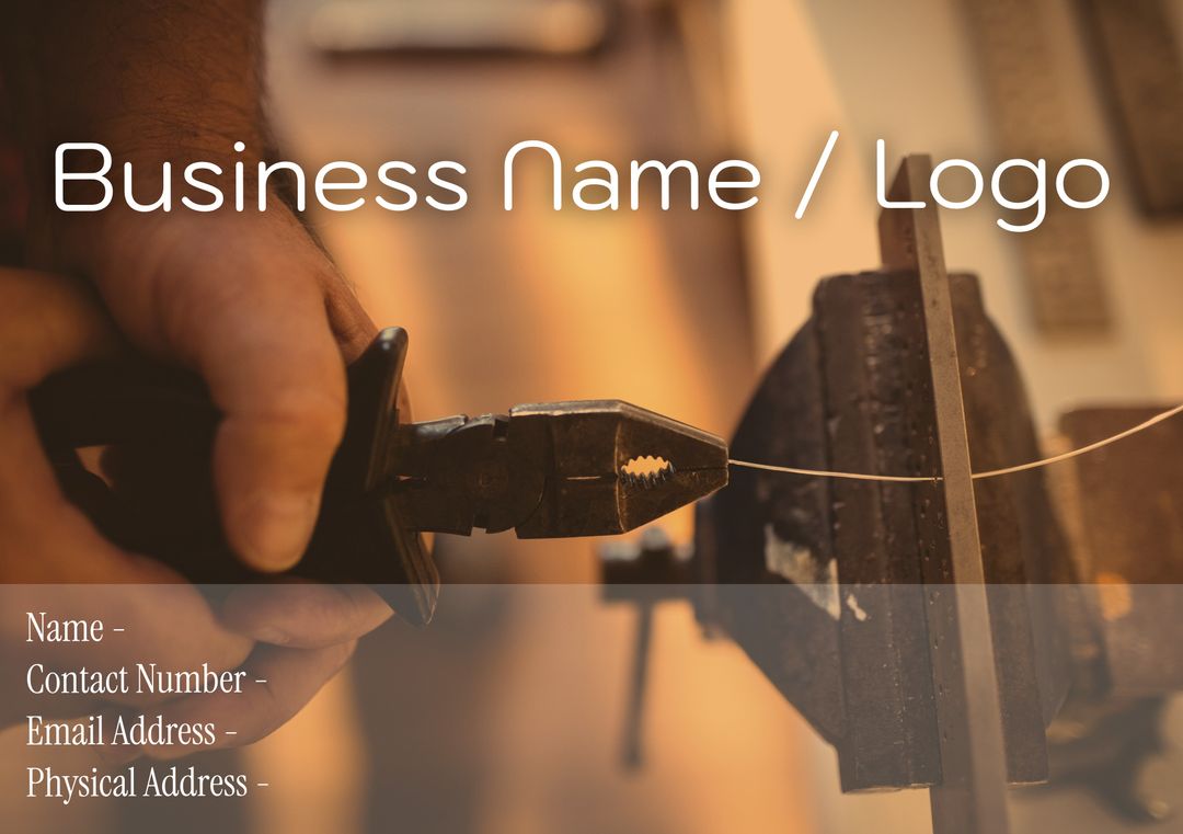Business Card Template with Hands Using Pliers and Text Placeholder