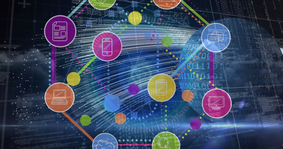 Colorful Digital Icons Overlayed on Binary Globe with Technology Elements