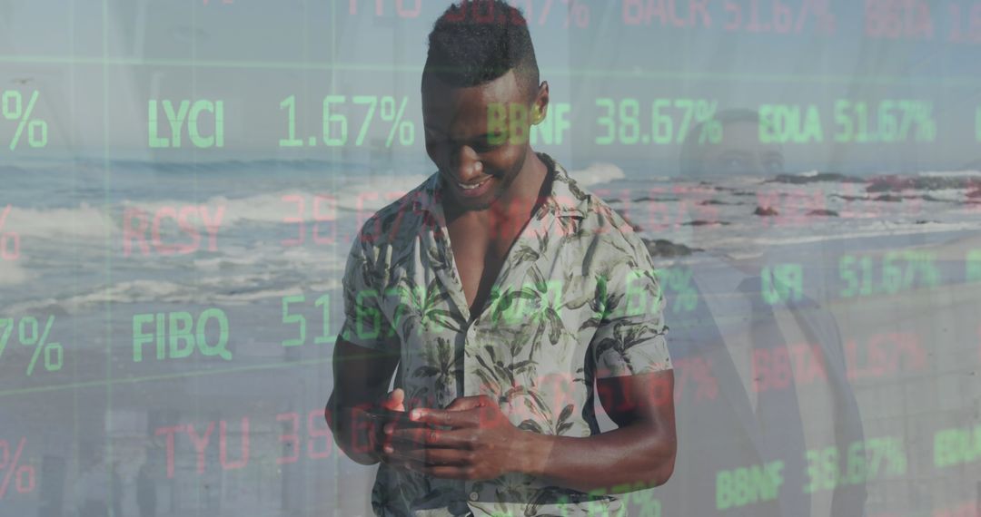 Smiling Man Holding Smartphone on Beach With Stock Ticker Overlay