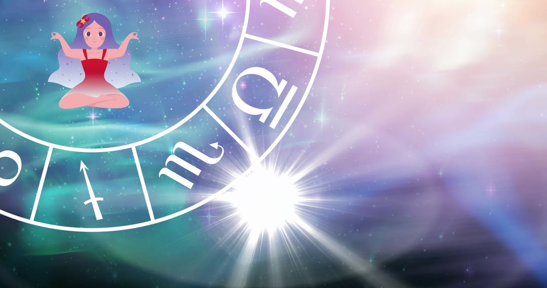 Digital Horoscope Wheel with Floating Zodiac Symbols over Starry Galaxy - Free Images, Stock Photos and Pictures on Pikwizard.com