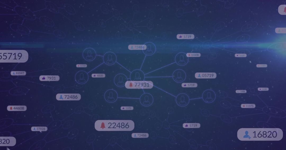 Network visualization connecting user nodes with notification badges, analytics metrics and neon fla
