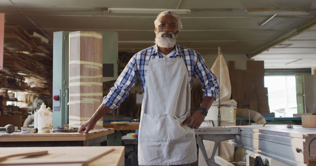 Senior Craftsman in Workshop Wearing Apron and Plaid Shirt - Free Images, Stock Photos and Pictures on Pikwizard.com