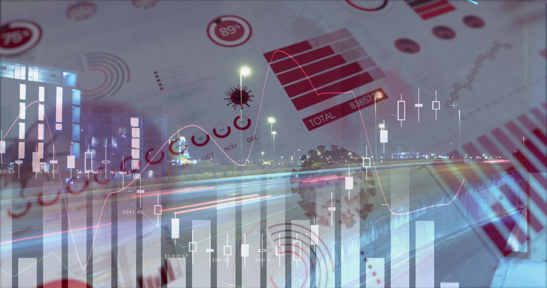Futuristic Graphics Overlay Showcasing COVID-19 and Financial Contexts