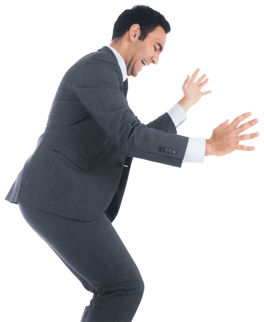 Smiling Asian Businessman Raising Arms on Transparent Background