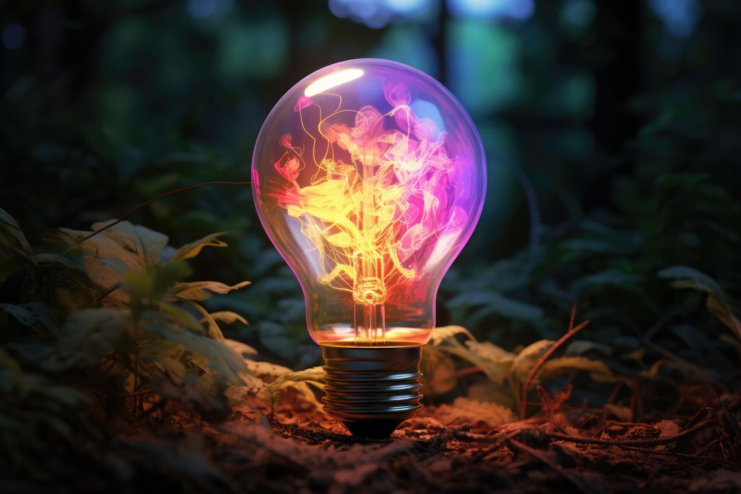 Illuminated Light Bulb with Vibrant Colors in Forest - Free Images, Stock Photos and Pictures on Pikwizard.com