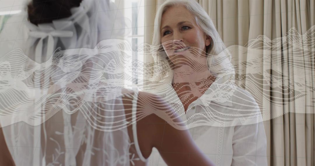 Senior Woman Smiling While Attending Dress Fitting with Digital Wave Overlay
