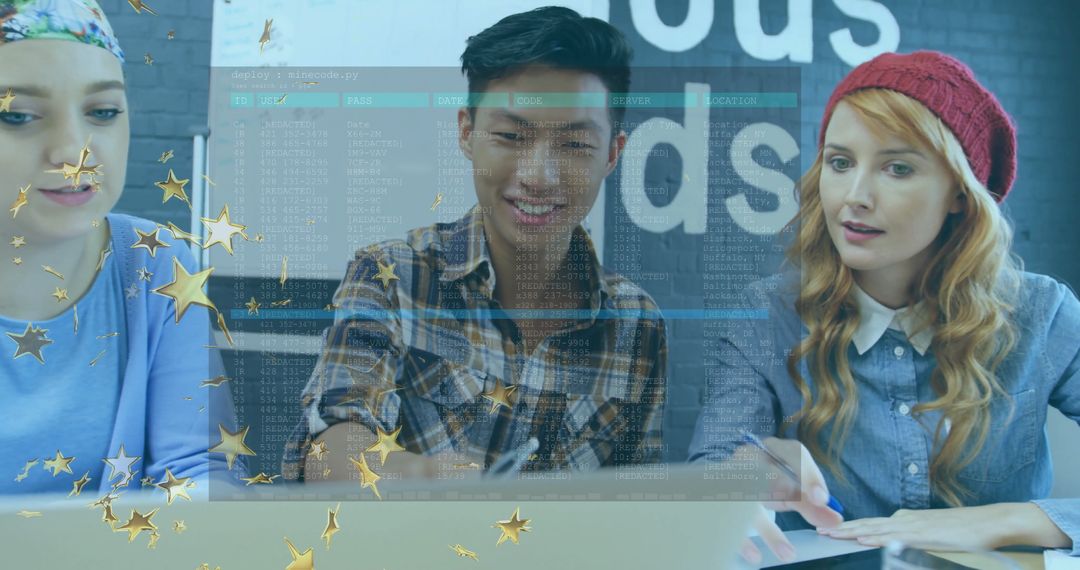 Diverse Team Collaborating on Code with Digital Overlay