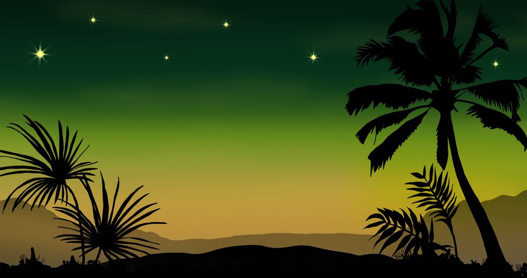 Silhouetted Palm Trees Against Vibrant Sunset Sky with Stars