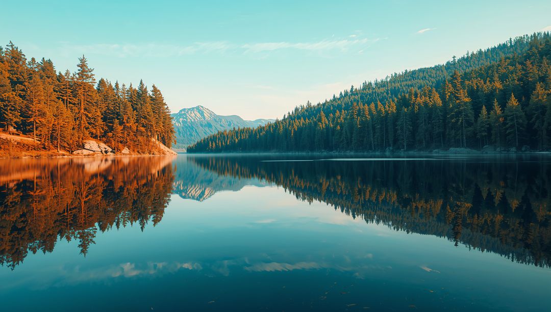 Tranquil Wilderness Lake Mirror Under Expansive Blue Sky