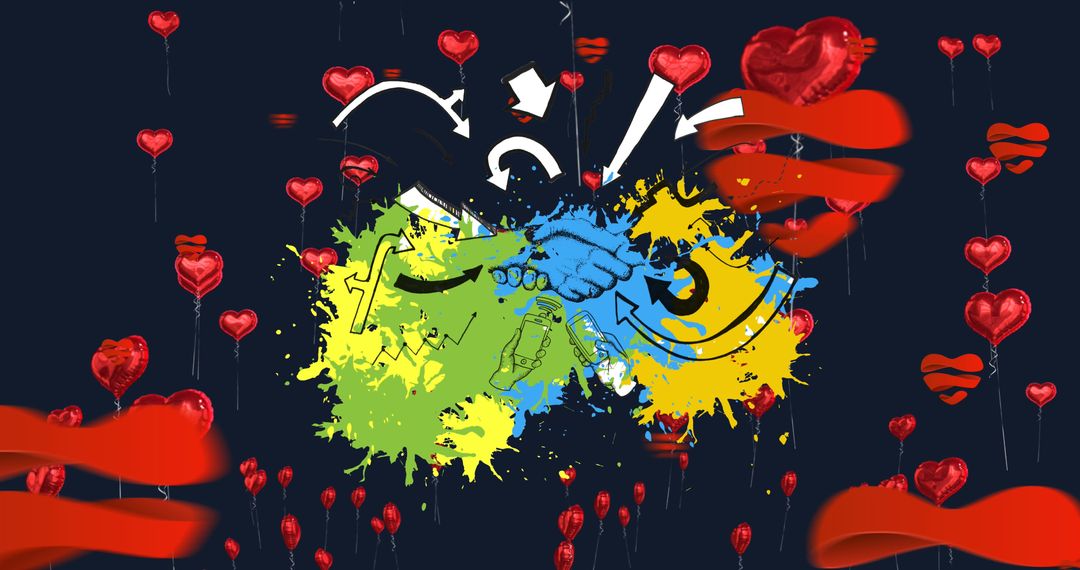 Vibrant Symbolic Icons with Red Hearts on Black Background