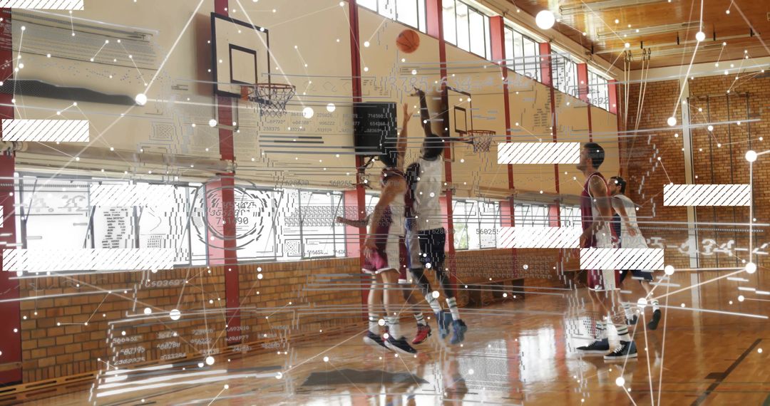 Jumping basketball players contesting shot under hoop with augmented reality stats overlay