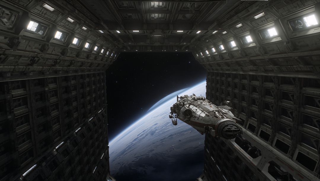 Shuttle Gliding Along Docking Truss Inside Orbital Hangar Over Earth Limb