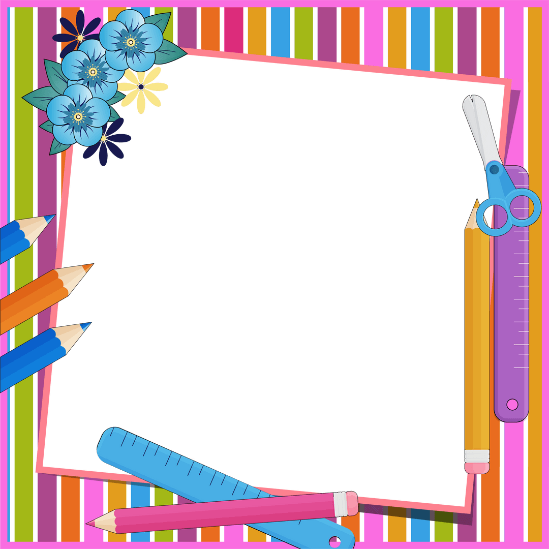 Craft Tools and Flowers on Transparent Striped Background