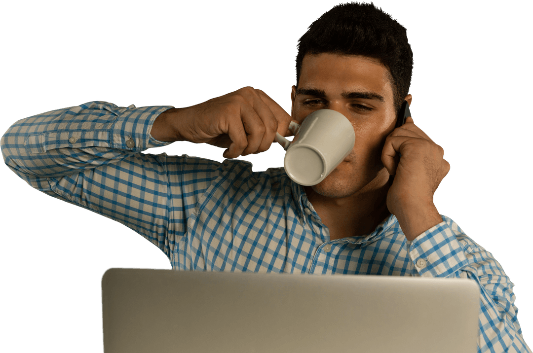 Transparent Man Drinking Coffee Working on Laptop