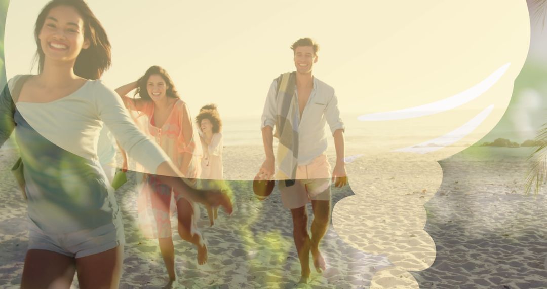 Joyful Friends Strolling on Sunny Beach