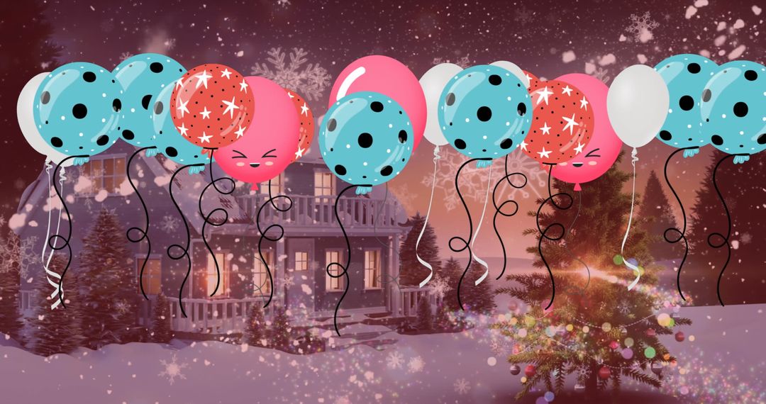 Festive Balloons Swaying Before Snowy Cottage with Christmas Tree