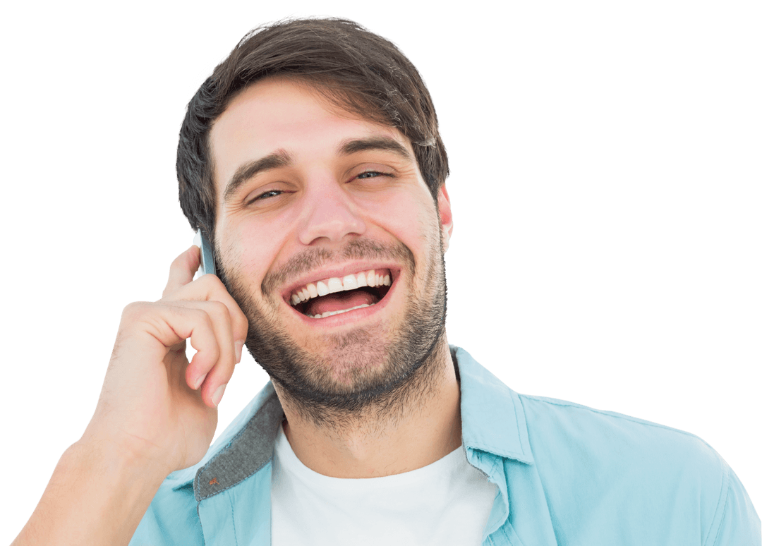 Transparent Joyful Man Laughing During Phone Conversation