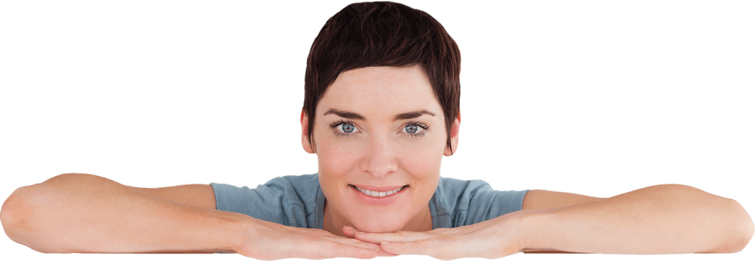 Cheerful Brunette Woman Resting On Arms with Transparent Background