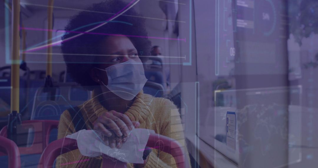 Woman on Public Bus with Digital Data Overlay Connected to Future Technology
