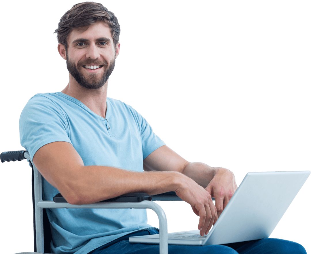 Smiling Man in Wheelchair Using Laptop on Transparent Background