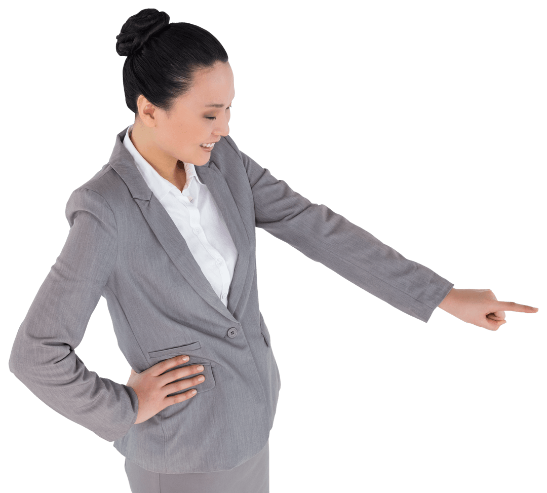 Cheerful Businesswoman Pointing Forward on Transparent Background
