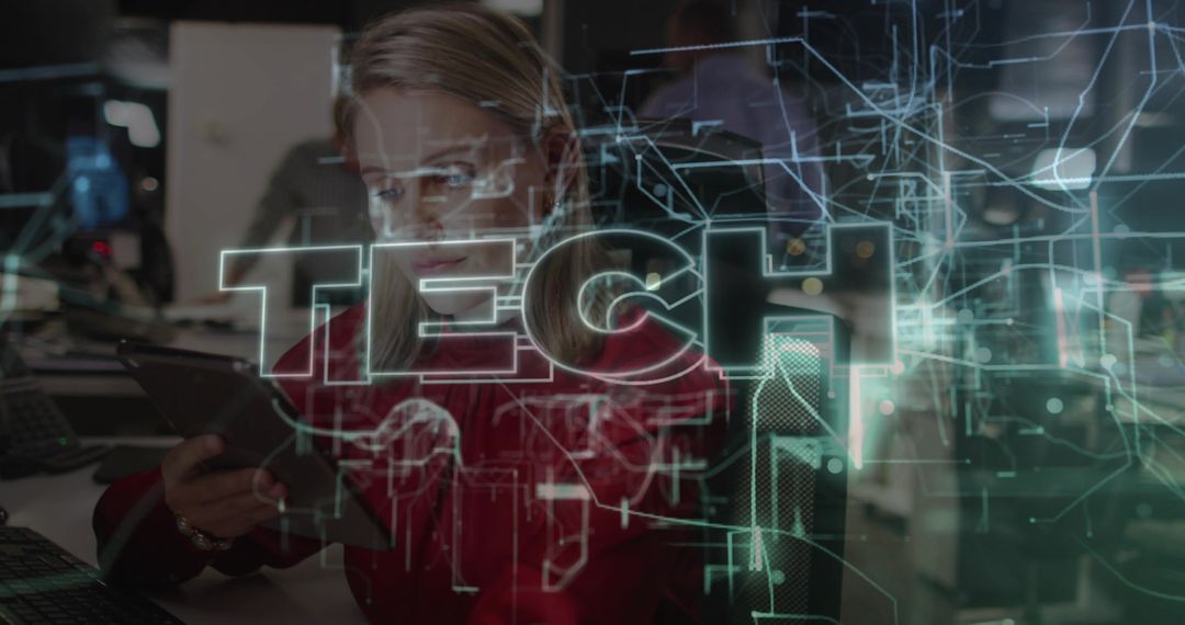 Futuristic Tech Professional Reviewing Digital Insights in High-Tech Office