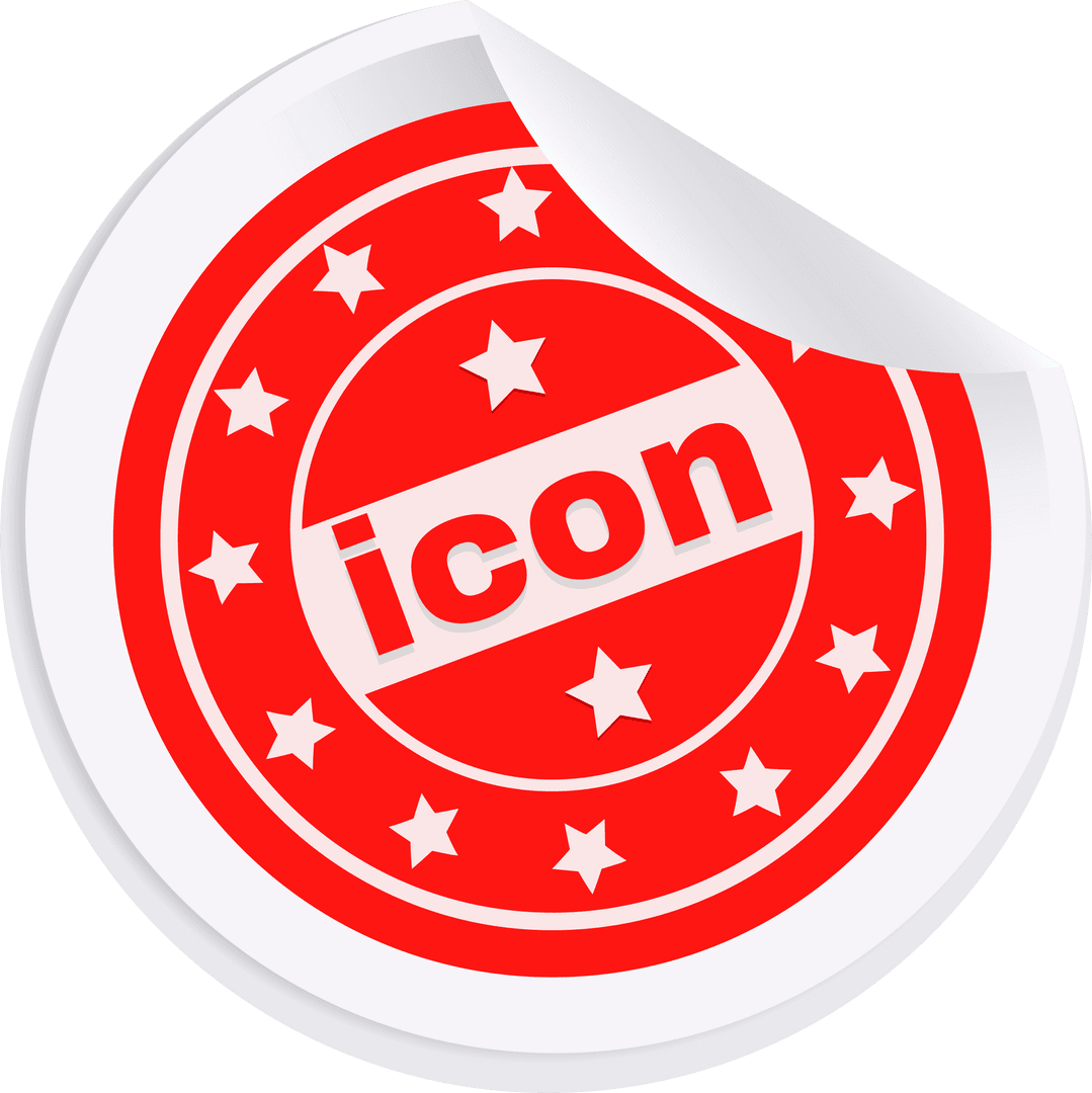 Red Icon Sticker with Stars on Transparent Background and Peeled Corner
