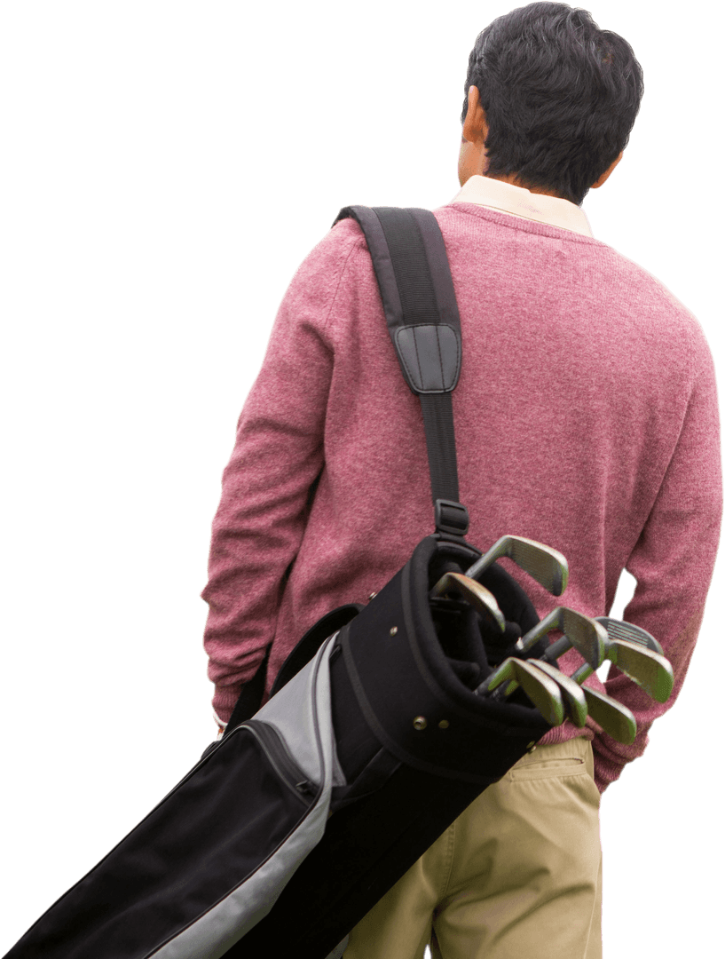 Transparent Golf Enthusiast with Clubs in Bag on Shoulder