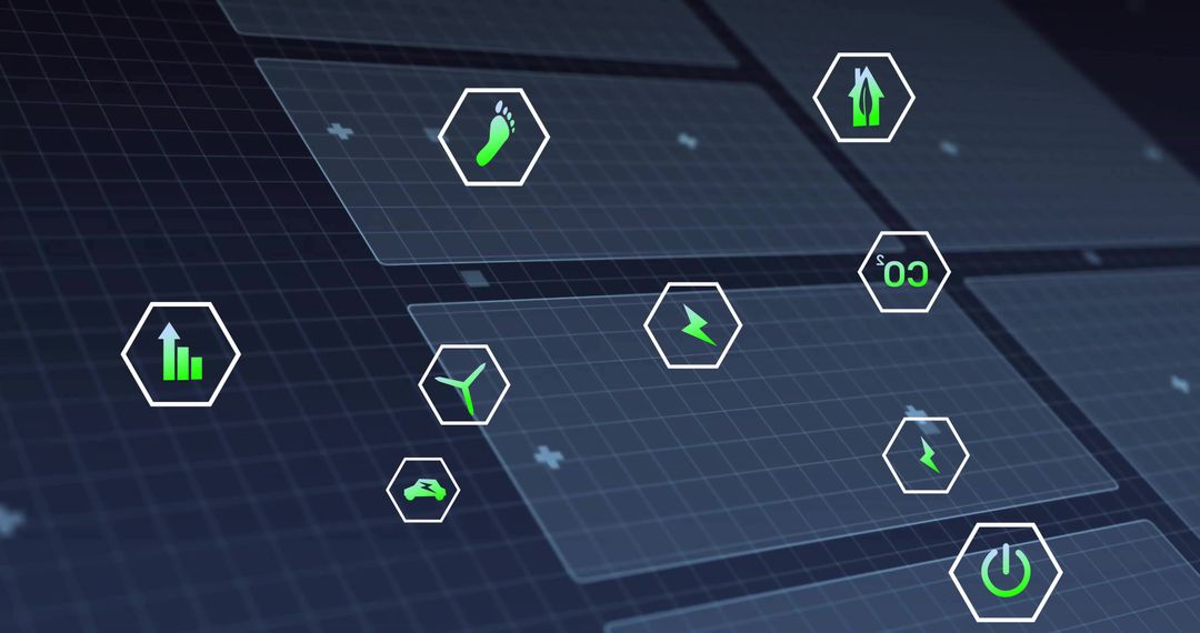 Futuristic Dashboard with Eco Iconograms on Digital Grid Interface