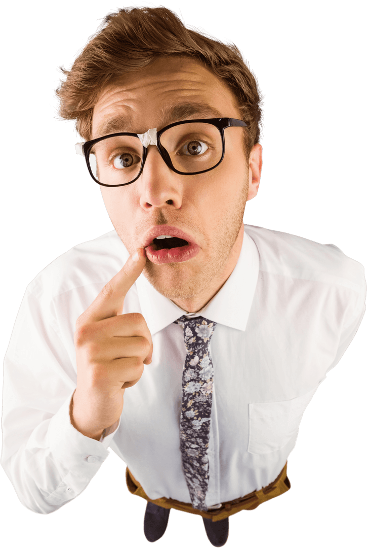 Young Geeky Businessman with Thoughtful Expression on Transparent Background
