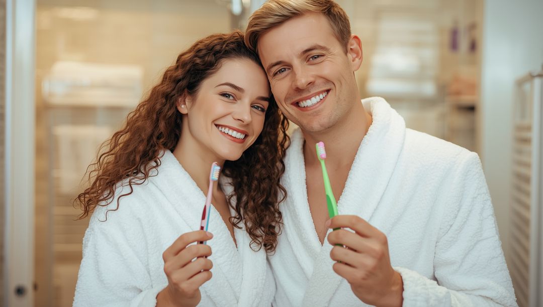 Happy Couple with Toothbrushes Sharing Morning Routine