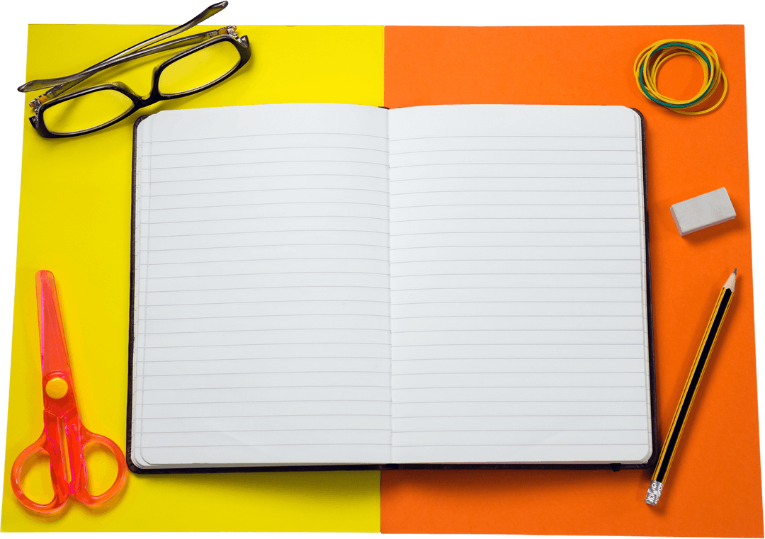 Transparent Notebook with Stationery on Bright Dual Color Background