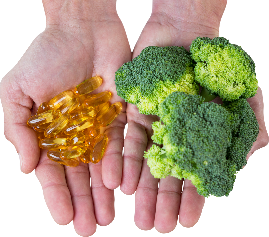 Hands Holding Transparent Vitamin Capsules and Fresh Broccoli - Download Free Stock Images Pikwizard.com