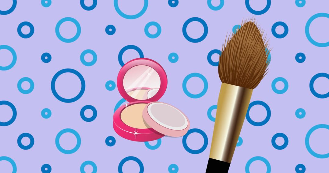 Cosmetic Powder and Brush on Blue Circular Pattern Background