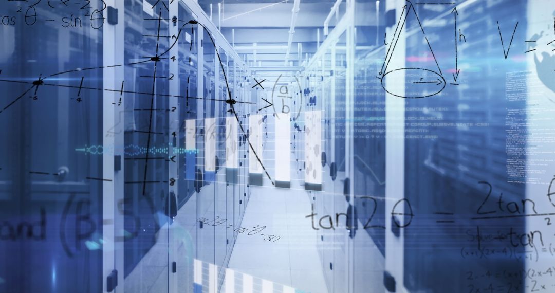 Mathematical Equations Overlay on Data Server Room