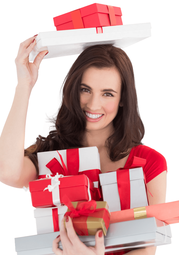 Smiling Woman Holding Multiple Transparent Gift Boxes