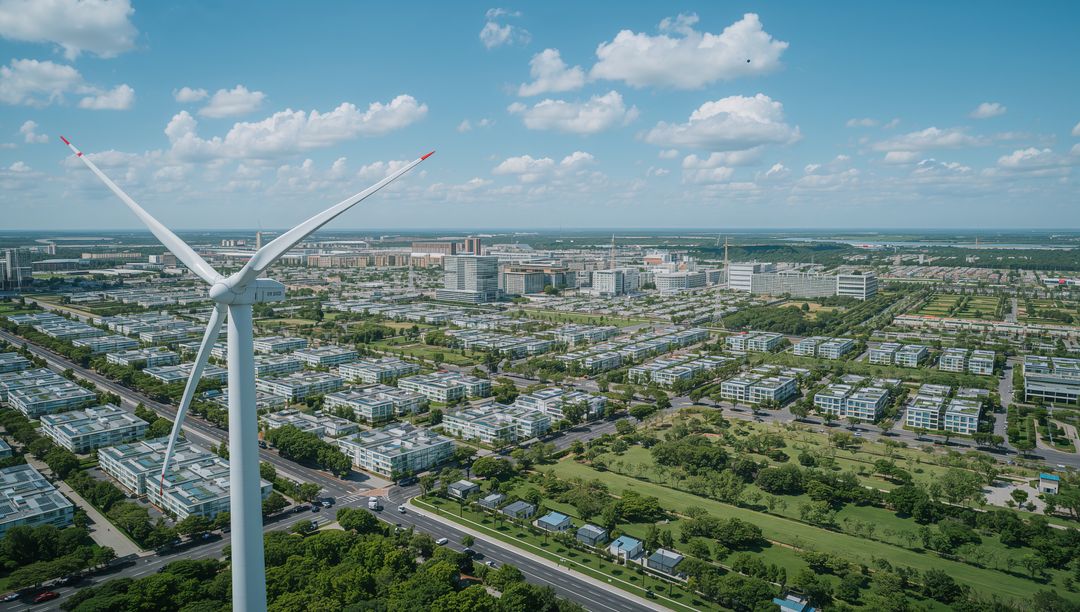 Wind turbine towering over modern office campus, renewable energy infrastructure skyline