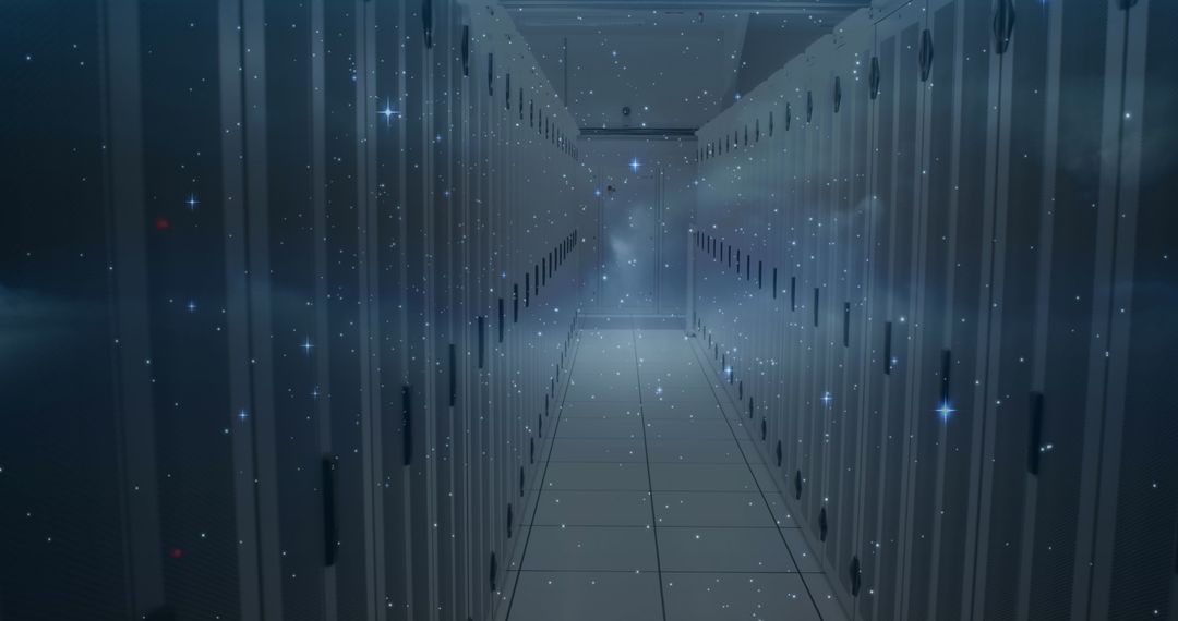 Futuristic Data Center with Cosmic Overlay