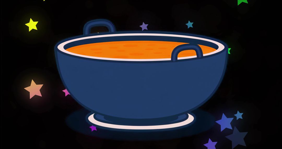 Deep blue cauldron simmering orange potion on cosmic starfield glowing with colorful stars