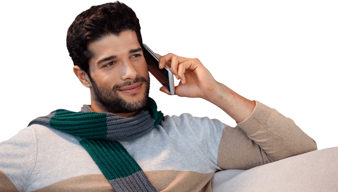 Confident Man on Sofa Deep Conversation on Transparent Background