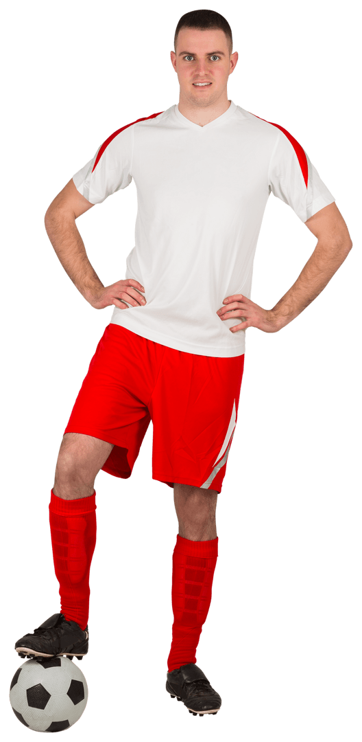 Confident Football Player in Red and White Kit on Transparent Background