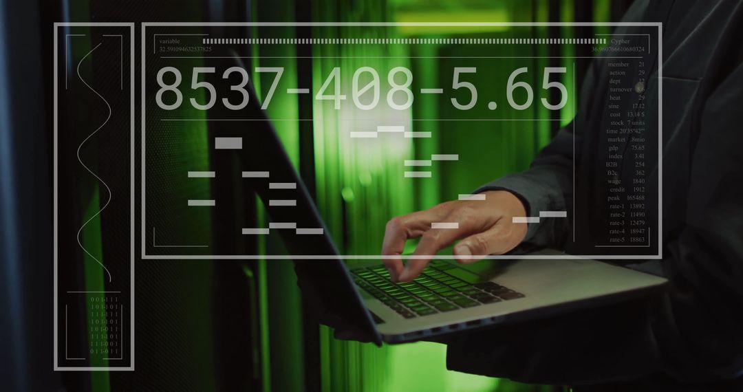 IT Engineer Analyzing Data on Laptop with Digital Interface