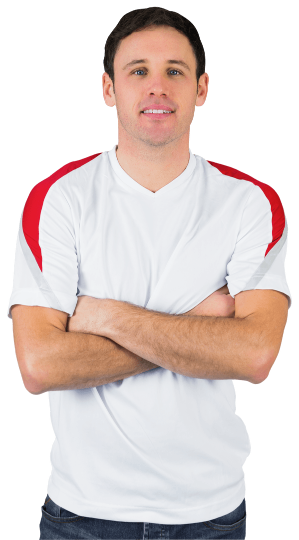 Smiling Transparent Football Enthusiast in White with Red Highlights