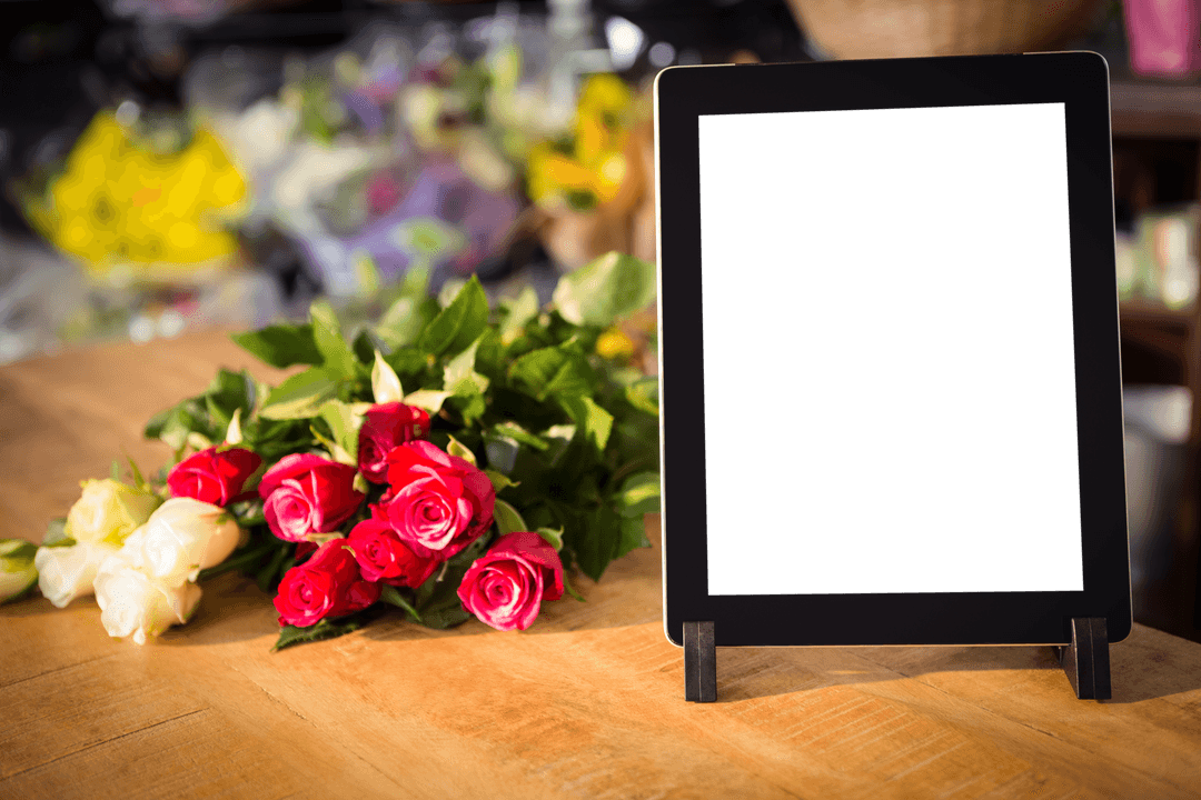 Transparent Digital Tablet Displayed on Floral Arrangement Table