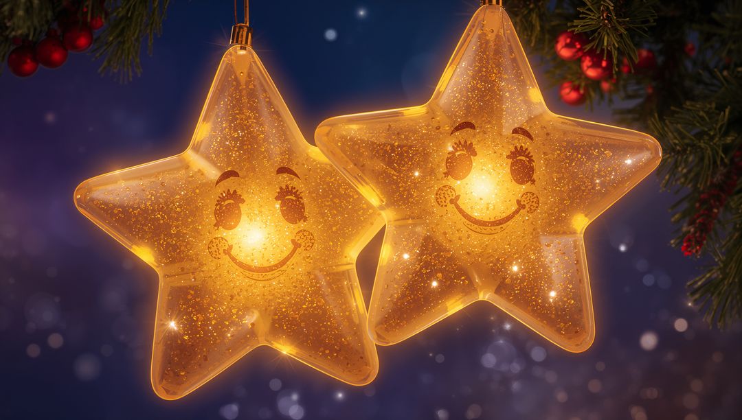 Glowing Glitter Star Ornaments Smiling Faces Dangling from Evergreen Branches Warm Bokeh